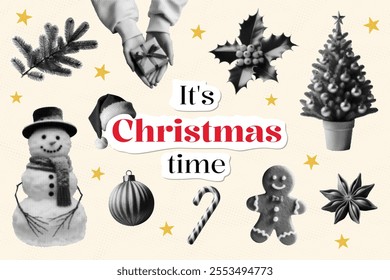 it's Christmas time set collage elements with snowman xmas tree gingerbread man candy cane pine branch holly sprig hands holds small gift star anise retro halftone holiday greeting card design