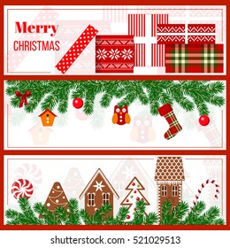 Christmas time set in stripes. three horizontal stripes with garland , Gingerbread, gift boxes. candy cane. Christmas greetings postcard, banners, design elements for textile, prints, decoration