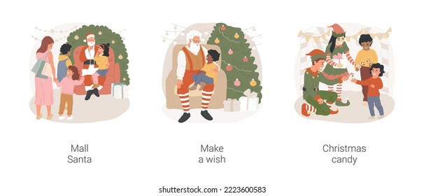 Christmas Time Shopping Isolated Cartoon Vector Illustration Set. Mall Santa, Shopping Mall Christmas Activity, Kid Sitting On Santas Lap, Make Wish, Elves Give Christmas Candy Vector Cartoon.