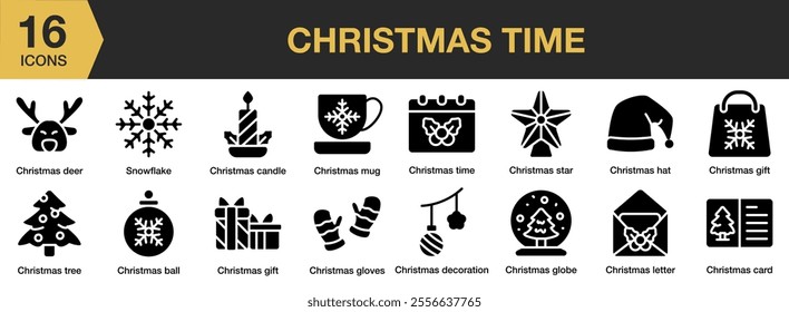 Christmas Time solid icon set. Includes mug, star, hat, gift, decoration, gloves, letter, and More. Solid icons vector collection.