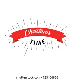 Christmas time text with red ribbon on white background. Vector illustration in flat stylized design for web, banner, poster, print, greeting card