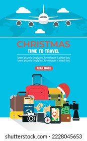 Weihnachtszeit im flachen Design-Stil zu reisen. Reisen Sie die Welt mit dem Flugzeug. Vektorgrafik