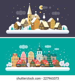 Christmas time. Urban and Village landscapes. Christmas market in the square. Vector flat illustrations