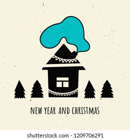 Christmas time  Vector illustration  House  smoke  snow   trees Hand  drawn style