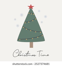 Christmas time vector quote. Christmas tree decorated with luminous balls on a light background. Winter holiday illustration. Greeting card. Happy New Year background.