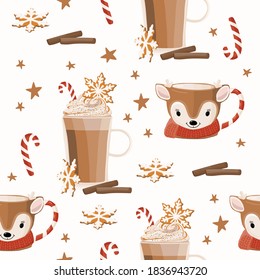 Christmas time vector seamless pattern. Vintage style botanical elements. Traditional winter symbols, cocoa, kids mug, fox, candy cane, hand drawn illustrations. New Year wrapping paper design.