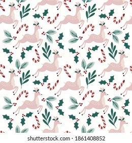 Christmas time vector seamless pattern. Traditional kids winter symbols, gift box, stockings, hand drawn illustrations. Beautiful New Year wrapping paper design.