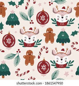 Christmas time vector seamless pattern. Traditional kids winter symbols, gift box, stockings, hand drawn illustrations. Beautiful New Year wrapping paper design.