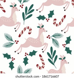Christmas time vector seamless pattern. Traditional kids winter symbols, gift box, stockings, hand drawn illustrations. Beautiful New Year wrapping paper design.