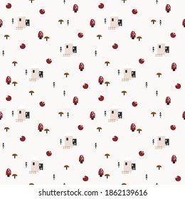Christmas time vector seamless pattern. Traditional kids winter symbols, gift box, stockings, hand drawn illustrations. Beautiful New Year wrapping paper design.