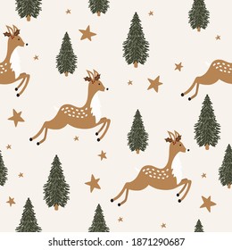 Christmas time vector seamless pattern. Traditional kids winter symbols, tree, deer, hand drawn illustrations. Beautiful New Year wrapping paper design.