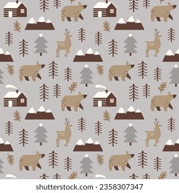 Christmas time vector seamless pattern. Scandinavian style elements. Traditional winter symbols, tree, mountain, snow, bear, deer hand drawn illustrations. Beautiful New Year wrapping paper design