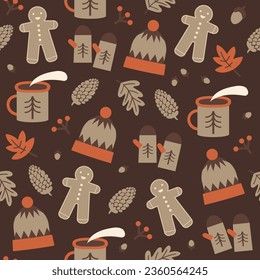 Christmas time vector seamless pattern. Scandinavian style elements. Traditional winter symbols, tree, mountain, snow, bear, deer hand drawn illustrations. Beautiful New Year wrapping paper design