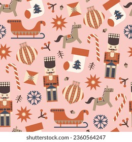 Christmas time vector seamless pattern. Scandinavian style elements. Traditional winter symbols, tree, mountain, snow, bear, deer hand drawn illustrations. Beautiful New Year wrapping paper design