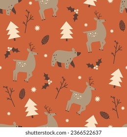 Christmas time vector seamless pattern. Scandinavian style elements. Traditional winter symbols, tree, mountain, snow, bear, deer hand drawn illustrations. Beautiful New Year wrapping paper design