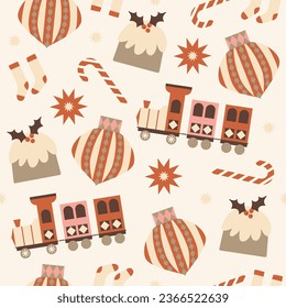 Christmas time vector seamless pattern. Scandinavian style elements. Traditional winter symbols, tree, mountain, snow, bear, deer hand drawn illustrations. Beautiful New Year wrapping paper design