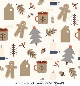 Christmas time vector seamless pattern. Scandinavian style elements. Traditional winter symbols, tree, mountain, snow, bear, deer hand drawn illustrations. Beautiful New Year wrapping paper design