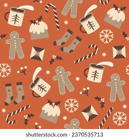 Christmas time vector seamless pattern. Scandinavian style elements. Traditional winter symbols, tree, mountain, snow, bear, deer hand drawn illustrations. Beautiful New Year wrapping paper design