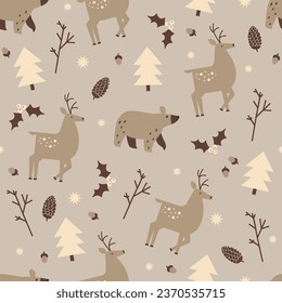 Christmas time vector seamless pattern. Scandinavian style elements. Traditional winter symbols, tree, mountain, snow, bear, deer hand drawn illustrations. Beautiful New Year wrapping paper design