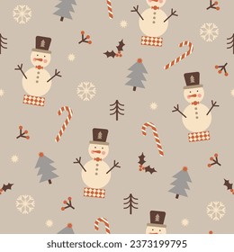 Christmas time vector seamless pattern. Scandinavian style elements. Traditional winter symbols, tree, snowman, candy cane, hand drawn illustrations. Beautiful New Year wrapping paper design