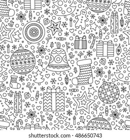 Christmas time. Vector seamless pattern with doodle winter elements. Balls, presents, christmas tree, stars, candy, gingerbread man, bird, candle, heart, snowflake. Outline. For anti stress coloring.