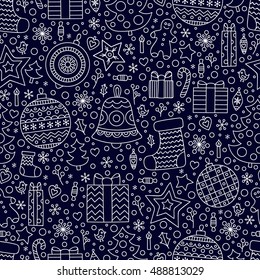 Christmas time. Vector seamless pattern with hand drawn doodle winter elements. Balls, socks, presents, christmas tree, stars, candy, gingerbread man, bird, candle, heart, berries, snowflake. Outline.