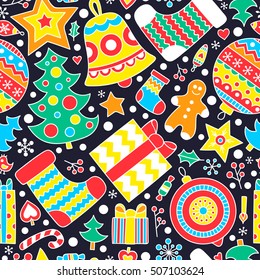 Christmas time. Vector seamless pattern with christmas elements - gingerbread man, ball, bell, socks, christmas tree, snowflake, star, heart. Cute winter background.