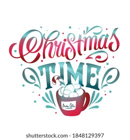 Christmas time vector text. Calligraphic Lettering design card template. Calligraphic handmade lettering.
