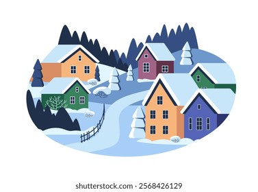 Christmas time in village. Snow on Country houses, trees. Rural nature, countryside landscape in winter season. Snowy small town street with buildings. Flat isolated vector illustration on white