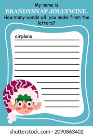 Christmas time word game activity page with elf vector illustration