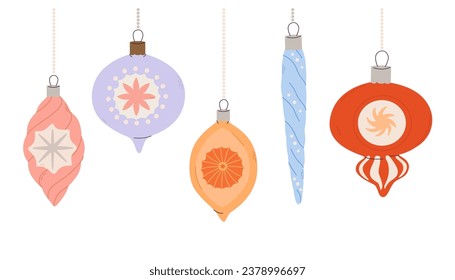 Christmas time. Xmas tree decorations illustration. Decorative toys hanging on strings. Traditional new year celebration accessories. Beautiful vintage baubles and decorations for Christmas tree.