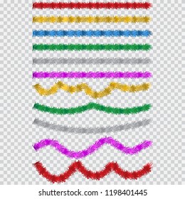 Christmas tinsel set. Vector cartoon simple garland in different colours isolated on a white background. Holiday and party decor element.