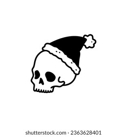 Christmas tiny skull wearing Santa hat  Easy drawing line work  Simple vector illustration isolated white background  Christmas mini design for t  shirt  tattoo  invitation  emblem  stickers 