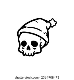 Christmas tiny skull wearing Santa hat  Easy drawing line work  Simple vector illustration isolated white background  Christmas mini design for t  shirt  tattoo  invitation  emblem  stickers 