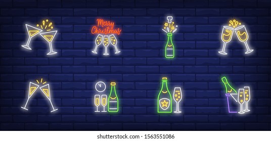 Christmas toast neon sign set. Fizzy wine, bottle, flutes, cocktail. Vector illustration in neon style, bright banner for topics like Xmas, New Year party, holiday