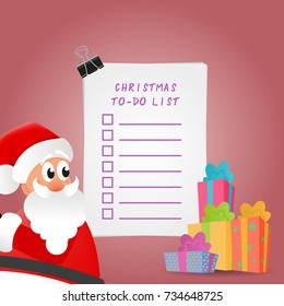 Christmas To-Do List Illustration. Picture with Santa Claus and gift boxes.