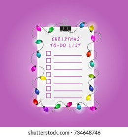 Christmas To-Do List Illustration. Picture with fairy lights and magic garland.