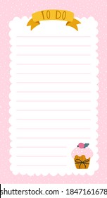 Christmas to-do list sheet. Cute template for text, notepad sheet with the illustration of a small festive cupcake in a pink frame. The pastel palette is ideal for printing