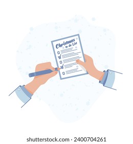 Christmas to-do list with tile flat. Hands holding a to-do list. New year background with snowflakes.
