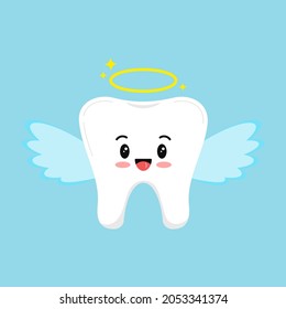 Christmas tooth angel isolated on blue background. Flat design cartoon kawaii style smiling character in angel with halo and wings carnival costume vector illustration. Kids teeth hygiene concept