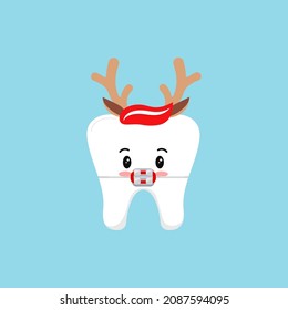 Christmas tooth in braces in reindeer headband with horns and ears icon in flat cartoon style isolated on background. Cute Happy New Year brackets character for dentistry greeting vector illustration.