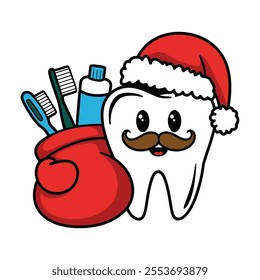 Christmas Tooth Cartoon with a Sack of Dental Care Items