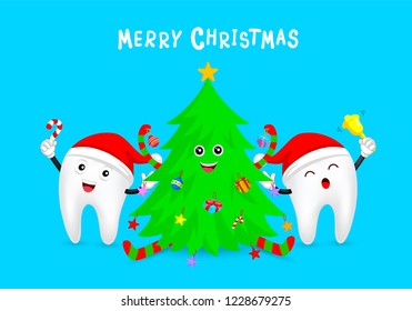 Christmas tooth characters celebrate with Christmas tree. Emoticons facial expressions. Funny dental care concept. Illustration isolated on blue background.