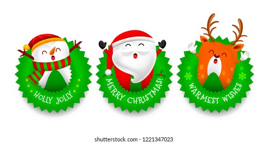 Christmas Tooth Characters design with Christmas round, Santa Claus, Snowman and Reindeer. Merry Christmas and Happy new year concept. Illustration.