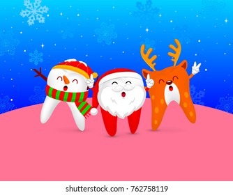 Christmas Tooth Characters design, Santa Claus, Snowman and Reindeer. Merry Christmas and Happy new year concept. Illustration with snowflake background.