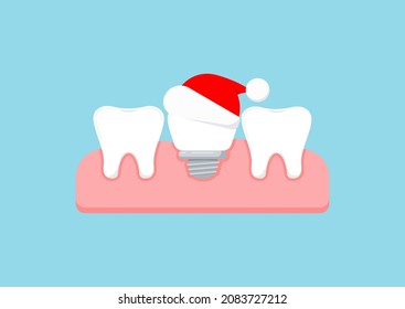 Christmas tooth and dental implant in Santa hat in gum isolated on background. Healthy teeth and implant prosthesis xmas concept. Flat design cartoon style vector orthodontist
