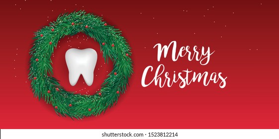Christmas tooth and happy year celebrate with Christmas tree. Dental care concept. Illustration vector background. Tooth Christmas tree. Vector dental happy new year and Christmas card
