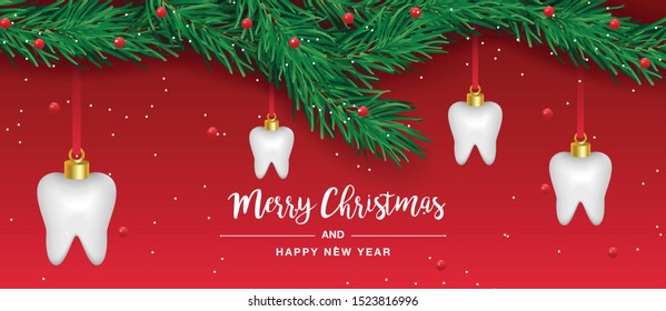 Christmas tooth and happy year celebrate with Christmas tree. Dental care concept. Illustration vector background. Tooth Christmas tree. Vector dental happy new year and Christmas card