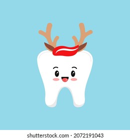 Christmas tooth in reindeer headband with horns and ears icon in flat cartoon style isolated on background. Cute Happy New Year character for dentistry greeting vector illustration. 