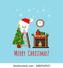 Christmas tooth in Santa Claus hat with fireplace. Cute xmas tooth puts star on a top of christmas tree, fireplace, gift, socks on interior background in cartoon flat style. Vector illustration. 